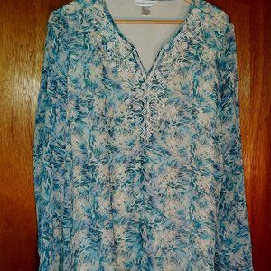 Blue Teal Print Blouse XL embelished with White Embroidery
